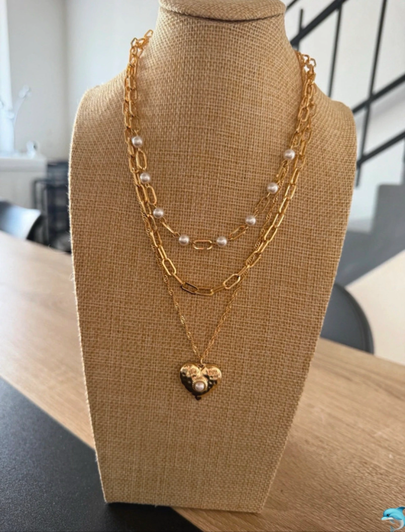 Trio de collier doré avec perle et coeur
